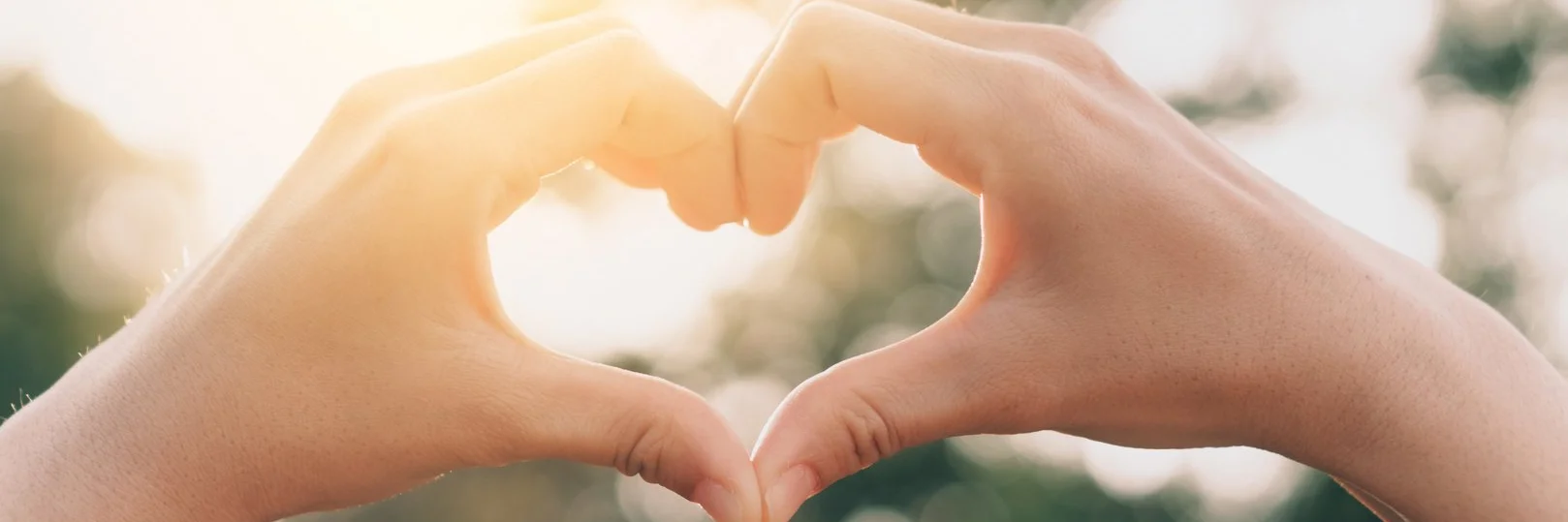 Female hands heart shape on nature bokeh sun light flare and blu